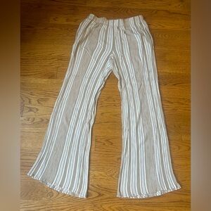 One 5 One Striped Wide-Leg Pants Tan/ White Smocked High Rise Women’s :Medium